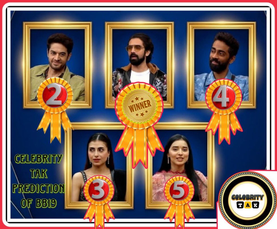 According to <a href="/Celebrity_Tak/">Malik Anjumm</a> 

Prediction for #BiggBoss19 Finale 

👉 #AmaalMallik —[Winner] 
👉 #GauravKhanna —[Runner-Up] 
👉 #FarrhanaBhatt —[3rd Place] 
👉 #PranitMore —[4th Place]
👉 #TanyaMittal —[5th Place]

Comment Quote Your Prediction 
#Amaalians #Amaanya #Bahana