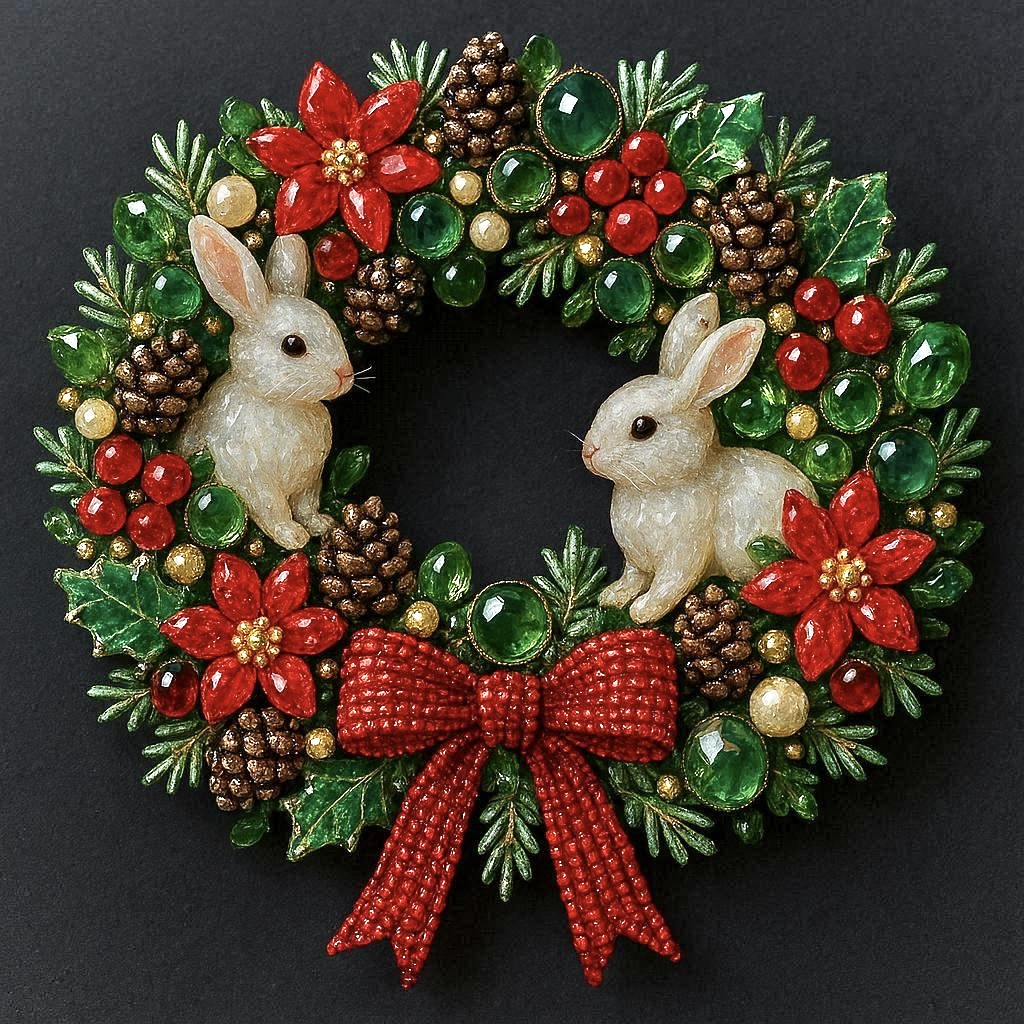 cosmos202403's tweet photo. 🐰🎀Animals Christmas wreath🎀🐰
🍒🌲White rabbits in the Forest🌲🍒
✨Gemstone and bead decorations✨

🎄#AIXmasOrnament⭕️#AIwreath
🐇#AIrabbit❤️#poinsettia🍒#holly
🎄#Christmas🎄#Christmas2025 https://t.co/xj7JnaNZEj