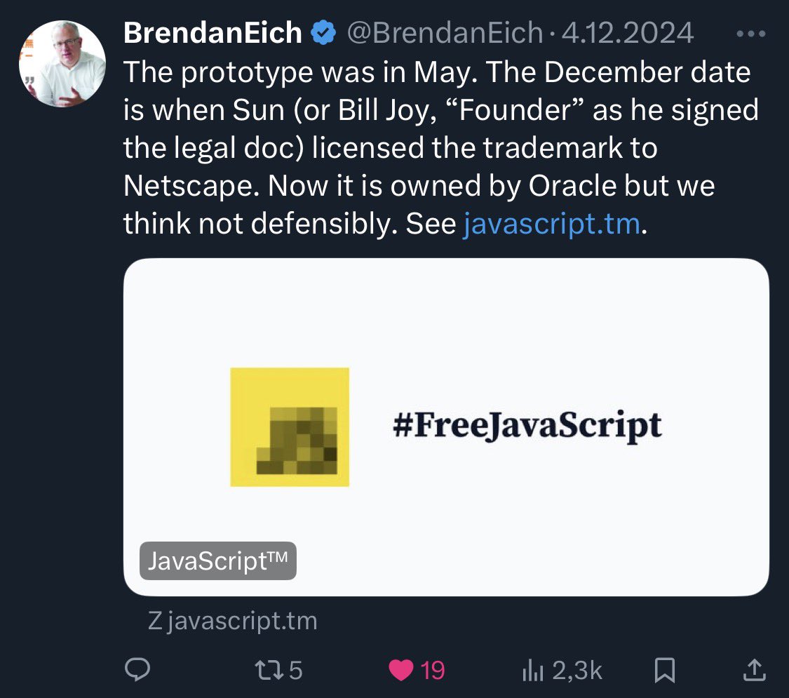 dawidrylko's tweet image. A year ago @BrendanEich post finally cleared it up for me: May was the prototype, December was the trademark deal. Now I actually know what #JavaScript birthday refers to.

#JS is 3️⃣0️⃣!
