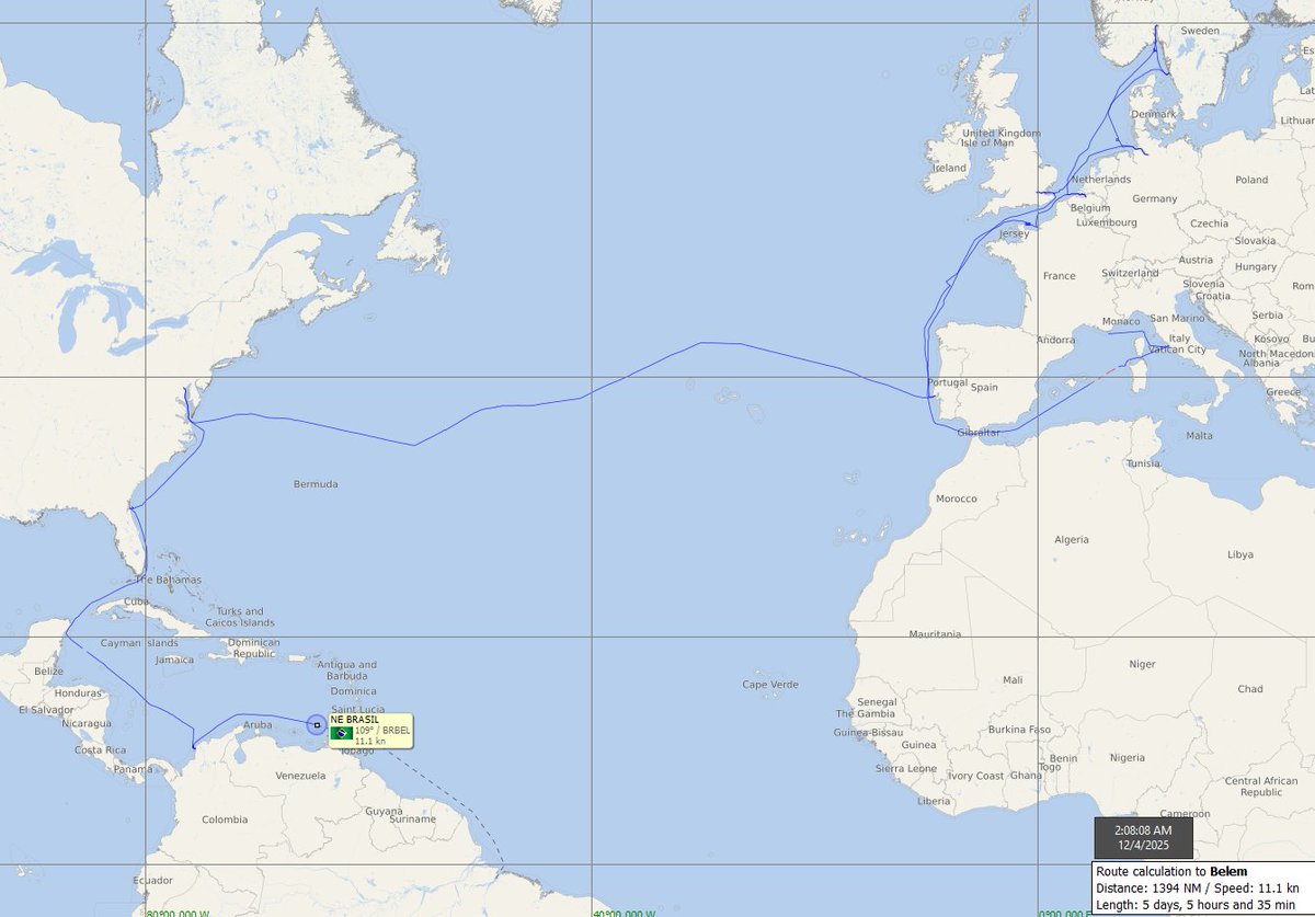 FlconEYES's tweet photo. NE BRASIL 710429000  
Navío Escuela de la Armada de #Brazil #USA 

A punto te completar su hermosa travesía para estudiantes de la armada.🧐 En el mapa, su travesía en 90 días de navegación.
@IntelPortugal

#VesselAlert #AIS #Maritime #OSINT #4Dec https://t.co/SBVdAoR8Vi