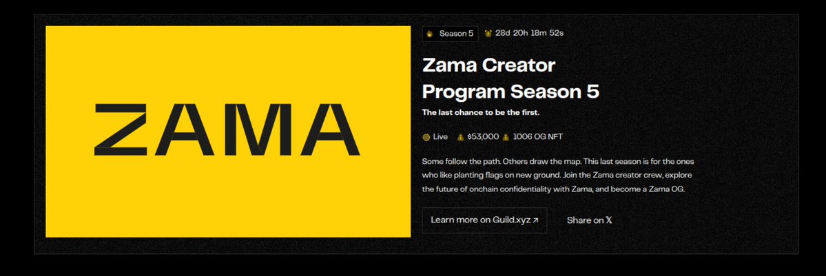 xcatalystt's tweet image. You are still early.

The Zama Creator Program S5 is live, your chance to shape the future of programmable privacy.

Share content on FHE, Zama and confidential blockchain tech for a shot at $50K in rewards and 1,006 OG NFTs.

 zama.org/programs/creat…

@zama #ZamaCreatorProgram