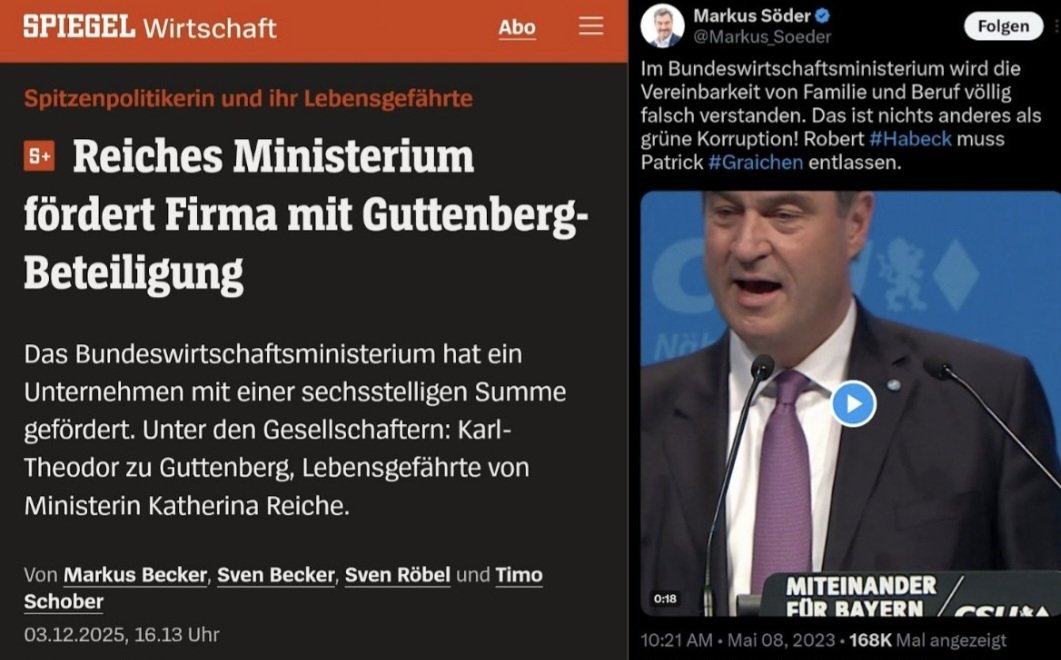 Man sollte #Söder daran messen, wie er jetzt auf #Reiche und ihren Lebensgefährten aus der CSU reagiert. Geht ja wieder ums Wirtschaftsministerium. <a href="/BMWE_/">Bundesministerium für Wirtschaft und Energie</a>
