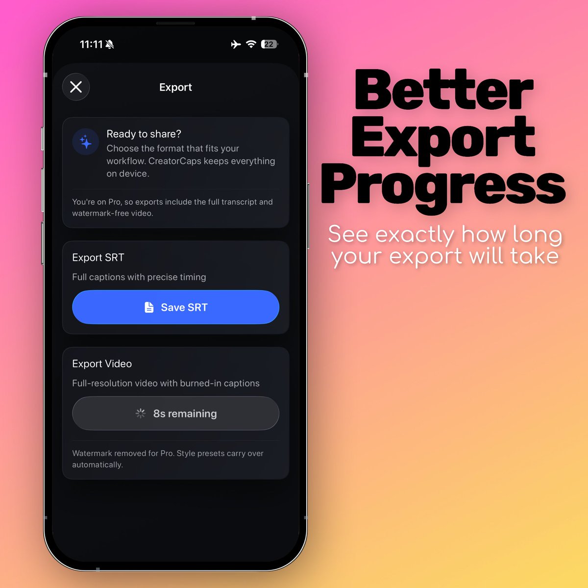 SlowbrewedS's tweet image. 📣 Hey everyone!

CreatorCaps v1.0.1 just shipped with two upgrades.

→ Precise caption control
→ Better export progress

Cleaner workflow, faster edits, all on-device. Try it out: apple.co/4ruCxYI

#IndieApp #creatorworkflows