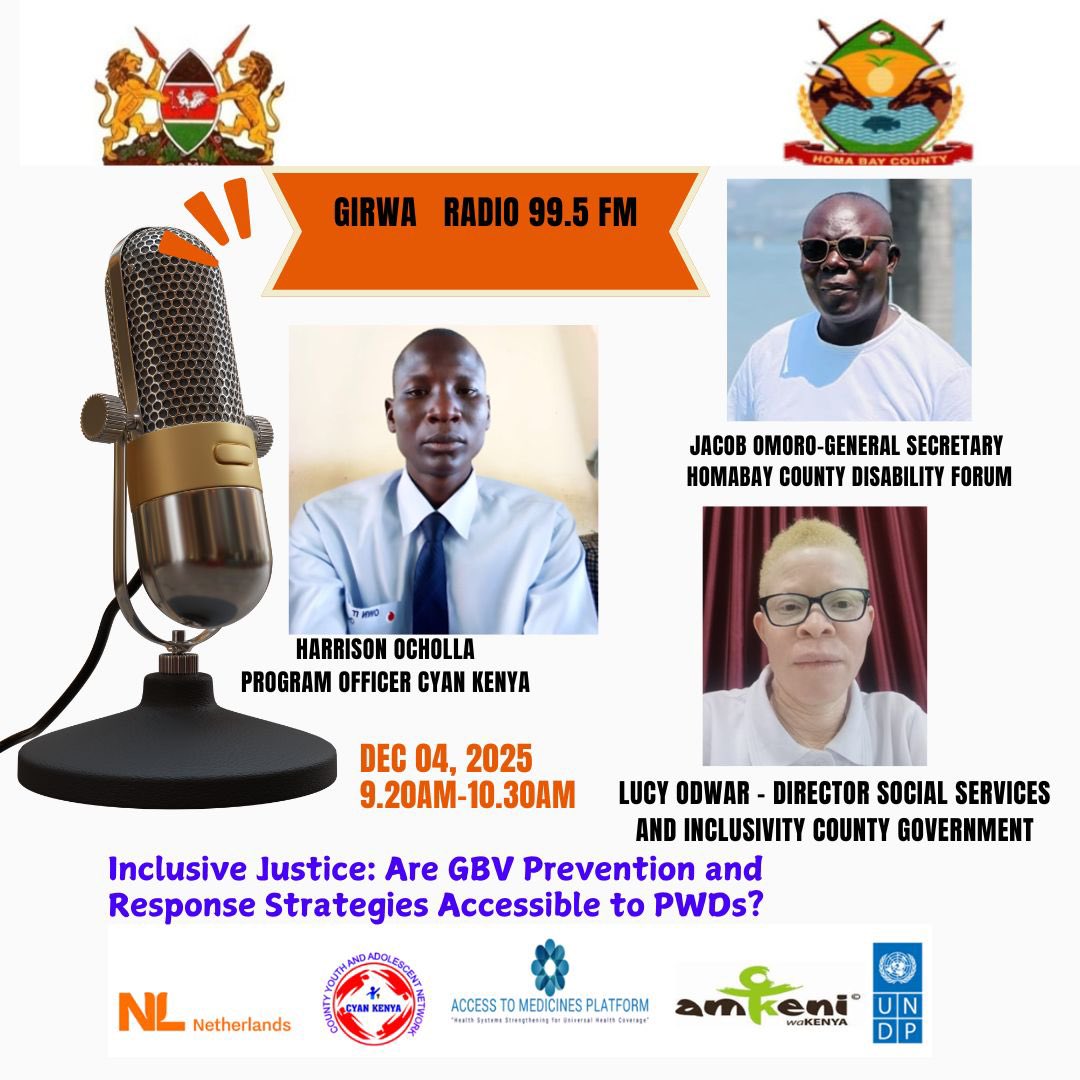 Join our live conversation on Girwa FM, where our Program Officer, Harrison Ocholla, is shedding light on the critical role of persons with disabilities (PWDs) in GBV prevention and response.

#CYANKenya #NLinkenya #AmkeniWakenya #UNDP #Accesstomedicinesplatform