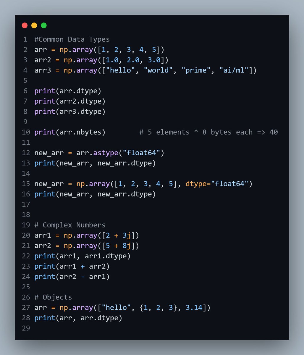 swastisundr's tweet image. Spent some time understanding how NumPy actually works.

• Arrays vs Python lists  
• Array creation  
• Vectorization &amp;amp; broadcasting  
• Slicing, indexing, reshaping  
• Useful math functions

Slowly getting comfortable with it.

#Python #NumPy #CodingJourney #DataScience