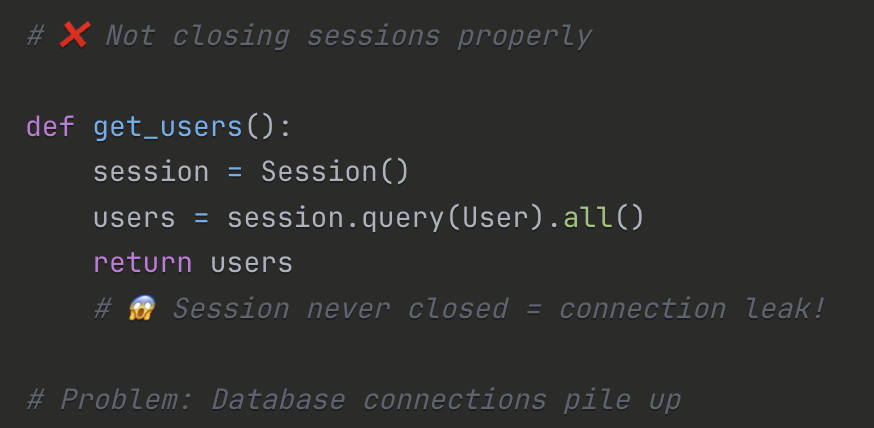 fosla98's tweet image. SQLAlchemy: Session Management

💡 Always use with Session() or wrap in try/finally. Connection leaks can crash your database server.

Ever crashed a database with connection leaks?

#SQLAlchemy #Python #Database #ORM #BackendDev #CleanCode