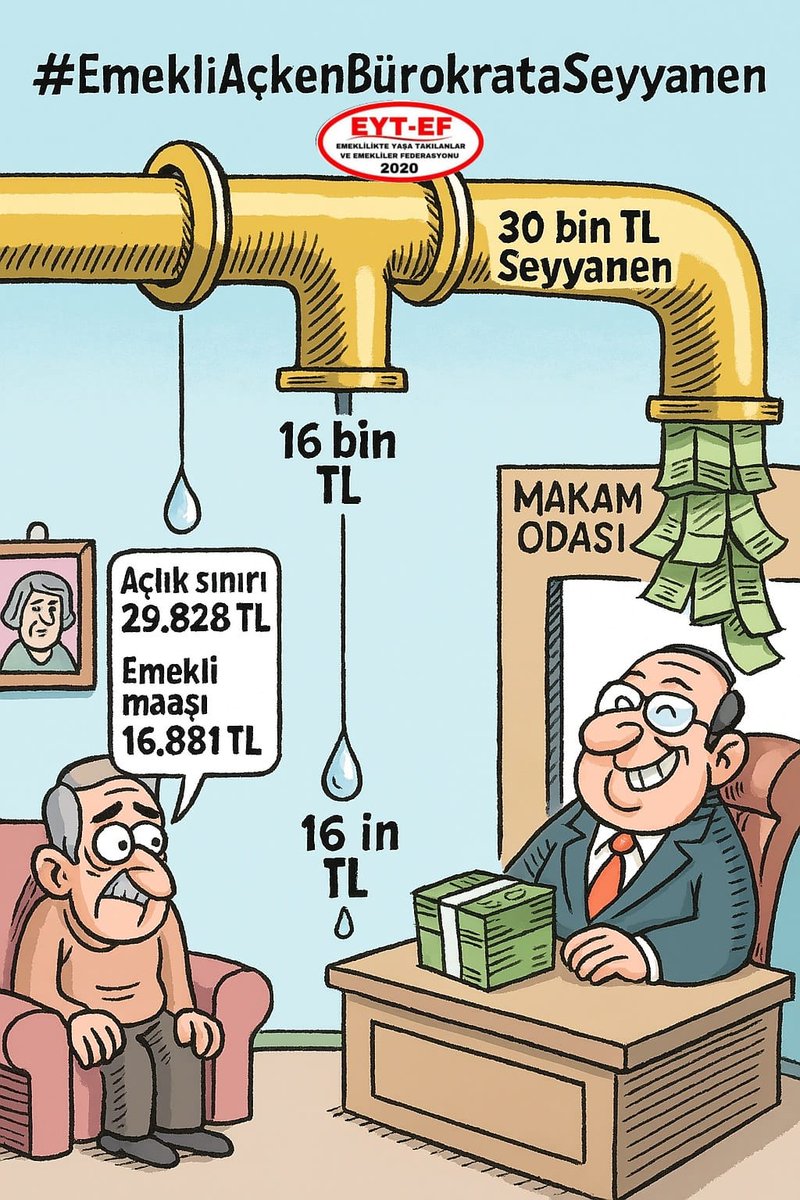 Hükümet milyonlarca #Emekli yi
16 bin liraya mahkum ederken

Yüzlerce bürokrata bir kalemde
30 bin TL #SeyyanenZam yaptı

Kaynak makam sahibine var
Bu ülkeyi ayakta tutan emekliye yok

#EmekliAçkenBürokrataSeyyanen
#5000KısmiyeBuEziyetNiye
<a href="/RTErdogan/">Recep Tayyip Erdoğan</a> <a href="/isikhanvedat/">Prof. Dr. Vedat Işıkhan</a>
Sayın Lipton