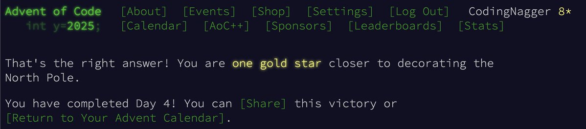 CodingNagger's tweet image. Super easy, barely an inconvenience.

I just completed &quot;Printing Department&quot; - Day 4 - Advent of Code 2025 adventofcode.com/2025/day/4 #AdventOfCode