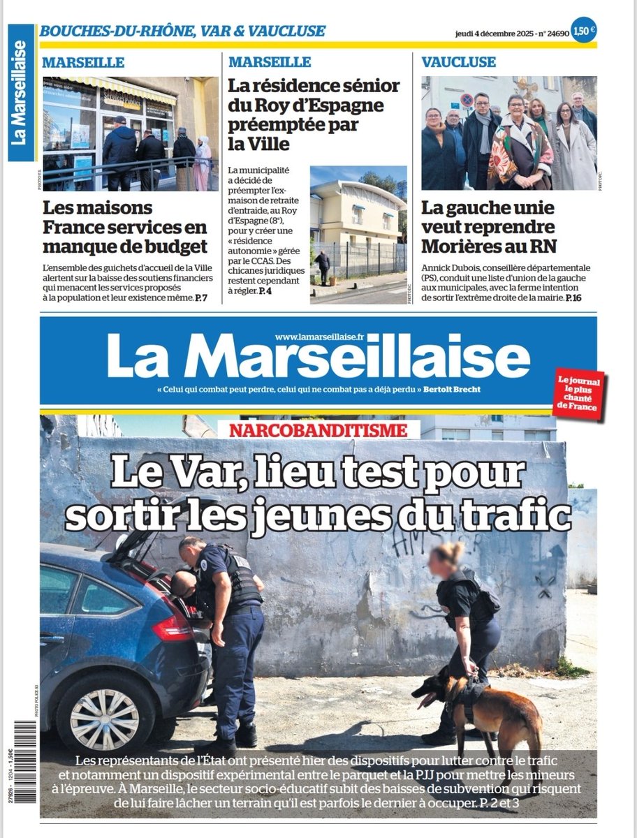 #ÀlaUne du 4 décembre 2025 #Narcotrafic #Var #Toulon #Marseille #FranceServices #RoyDEspagne #Seniors #Morières #Gauche #RN 
En kiosque et par abonnement sur lamarseillaise.fr