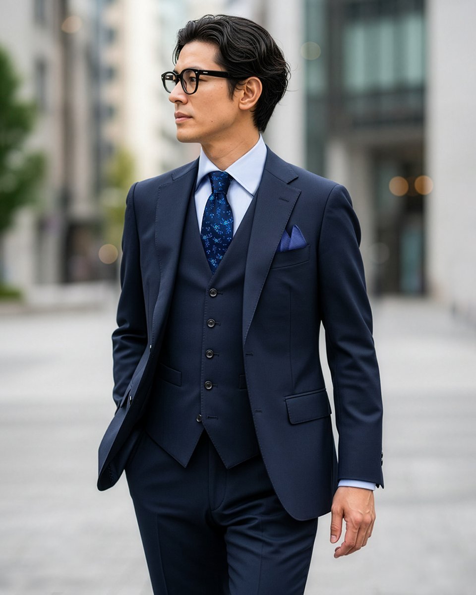 サキソニーミッドナイトネイビーのシングルブレストスリーピーススーツ