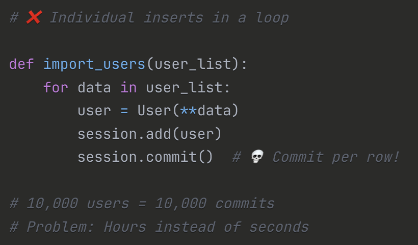 fosla98's tweet image. SQLAlchemy (🔴 Advanced) - Patterns: Bulk Operations

💡 For bulk ops, bulk_insert_mappings() is 10-100x faster than individual adds. Skip ORM when performance matters.

What&apos;s the largest data import you&apos;ve done with SQLAlchemy? How did you optimize it? 📊

#SQLAlchemy #Python…