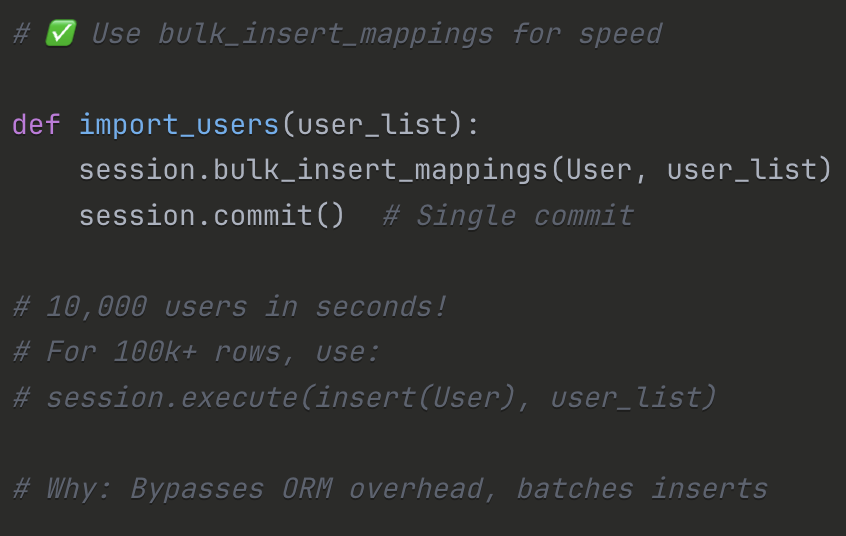 fosla98's tweet image. SQLAlchemy (🔴 Advanced) - Patterns: Bulk Operations

💡 For bulk ops, bulk_insert_mappings() is 10-100x faster than individual adds. Skip ORM when performance matters.

What&apos;s the largest data import you&apos;ve done with SQLAlchemy? How did you optimize it? 📊

#SQLAlchemy #Python…