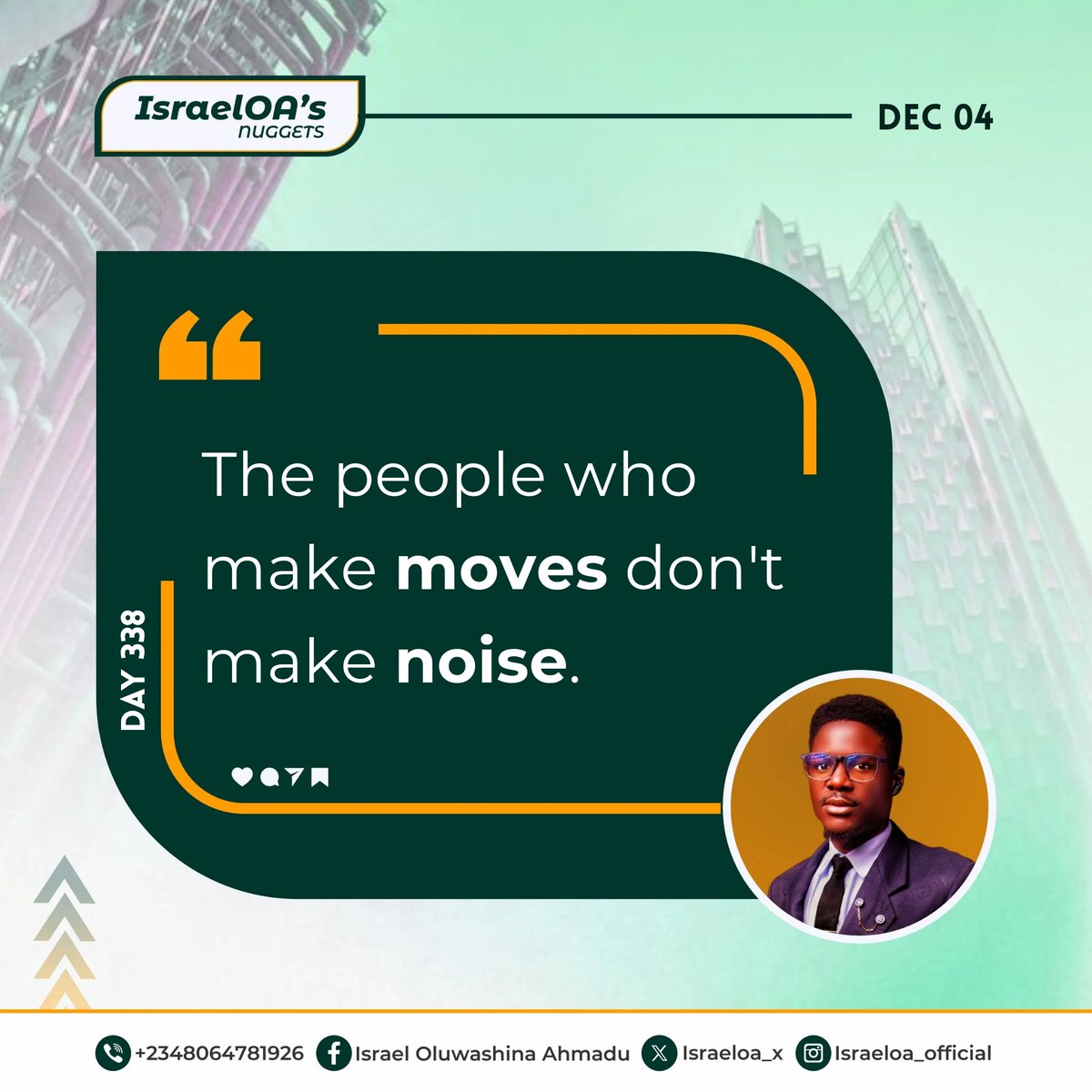 israeloa_x's tweet image. It's not about being the #loudest🗣️, it's about being the most #effective💪🏾; less #talk, more #action!🎯

#IsraelOANuggets💡
#DAY338🗓️
#Thursday
#Motivation
#Quote #Inspiration