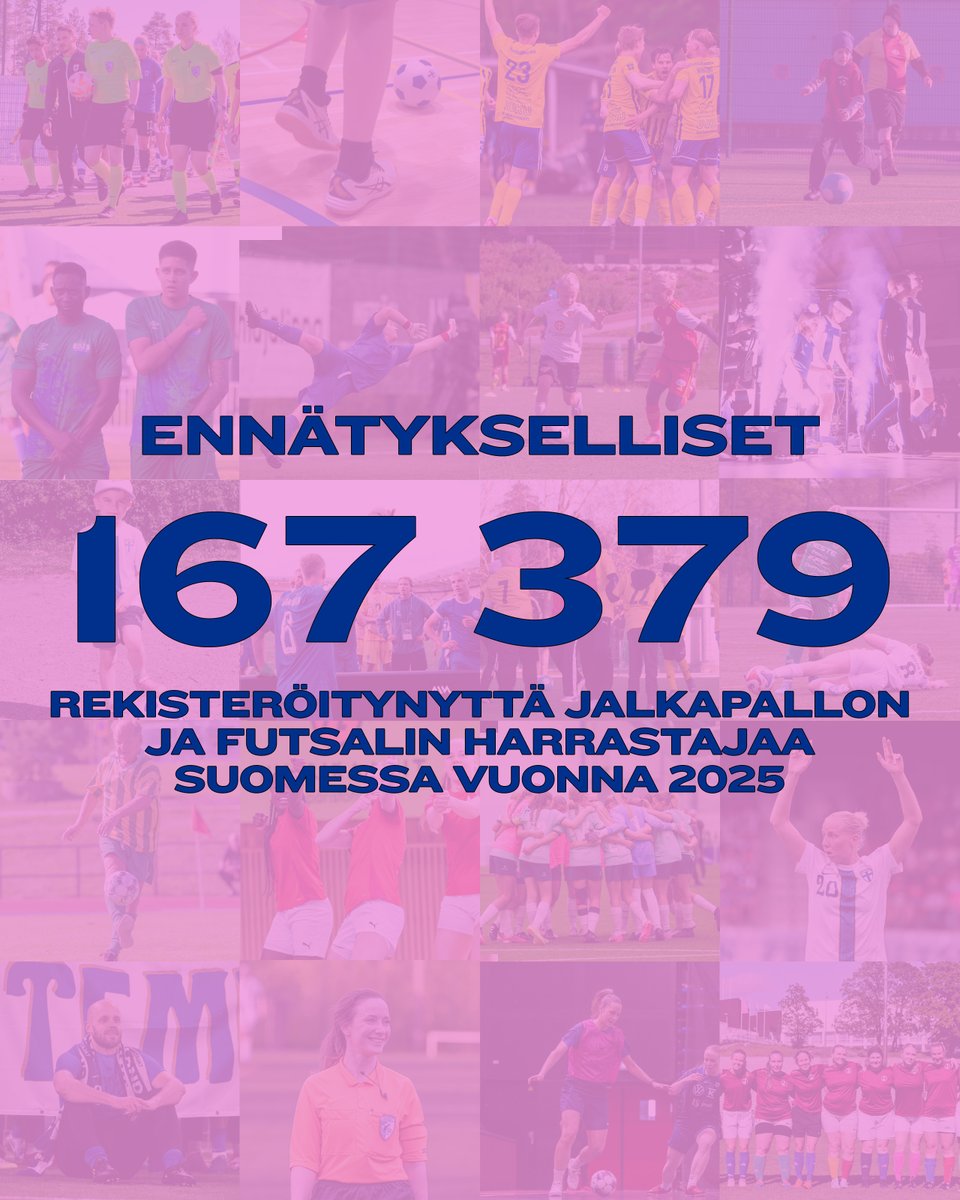 Vuonna 2025 jalkapalloa ja futsalia harrastaa enemmän suomalaisia kuin koskaan! 🇫🇮⚽️

Rekisteröitymisvuosi 2025 päättyi marraskuun lopussa. Kiitämme sen päätteeksi tehdystä harrastajamääräennätyksestä suomalaisia seuroja, jotka ovat tehneet väsymätöntä työtä meidän 167 379
