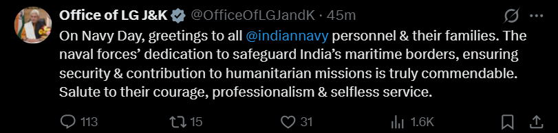 LG Manoj Sinha extends greetings on Navy Day; LG Sinha salutes to courage, professionalism &amp; selfless service of Navy Personnel 

<a href="/OfficeOfLGJandK/">Office of LG J&K</a> <a href="/manojsinha_/">Manoj Sinha</a> <a href="/BJP4JnK/">BJP Jammu & Kashmir</a> <a href="/BJP4India/">BJP</a> <a href="/IndiannavyMedia/">IN</a> <a href="/indiannavy/">SpokespersonNavy</a> #Courage #Valour #SelflessService #Nationalism #NavyDay