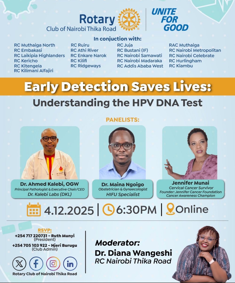 RcSamawati's tweet photo. We invite you to a discussion where our panel of medical experts and a courageous survivor will break down the HPV DNA test. 
Hosted by #RCNairobiThikaRoad

🕖 6.30 PM

https://t.co/P5dZbtfehb

@Rotary @d9212 @Rotaract_D9212 @WKahiu 

#UniteForGood
#RCNS@5 https://t.co/ACWF5SuiLa