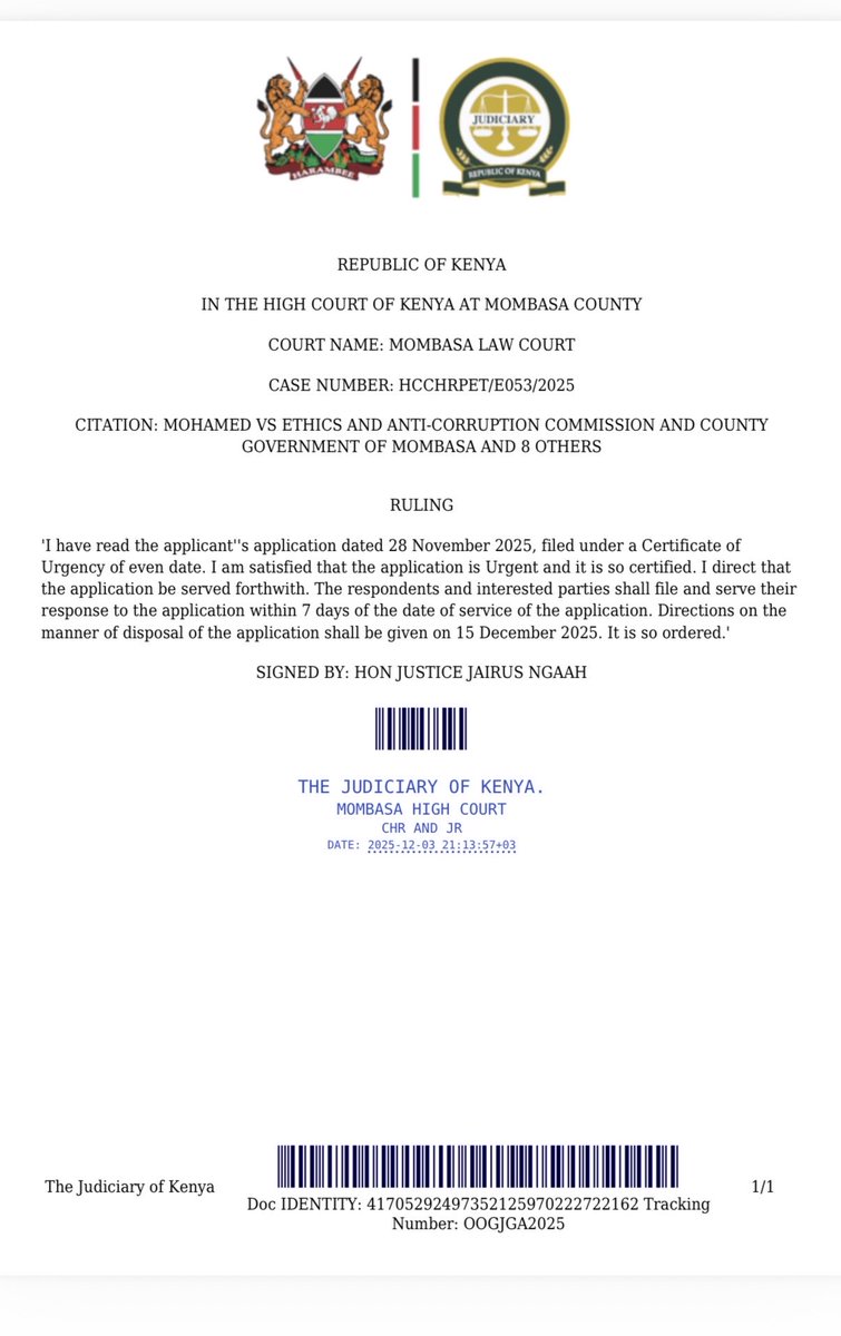 Mombasa High Court has certified as urgent our petition against the 17Billion waste management project that the county government of Mombasa approved without county assembly or public participation. 

The case has been deemed urgent by the court and further directions shall be