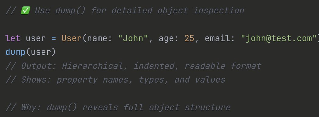 fosla98's tweet image. iOS💡 Tip

💡 dump() is Swift&apos;s hidden gem for debugging. It shows the complete hierarchy of any object with proper formatting.

#Swift #iOSTips #Debugging #iOSDev #XcodeTips #SwiftLang

What&apos;s your favorite Swift debugging trick? Share below! 👇