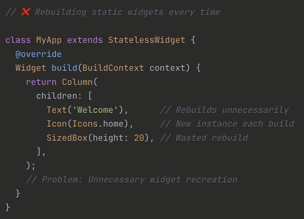 fosla98's tweet image. Flutter (🟡 Intermediate) - Performance: const Constructors

💡 Add const to every widget that doesn&apos;t depend on runtime values. Flutter DevTools can show you missed opportunities!

#Flutter #FlutterDev #Performance #FlutterTips #MobileDev #Optimization