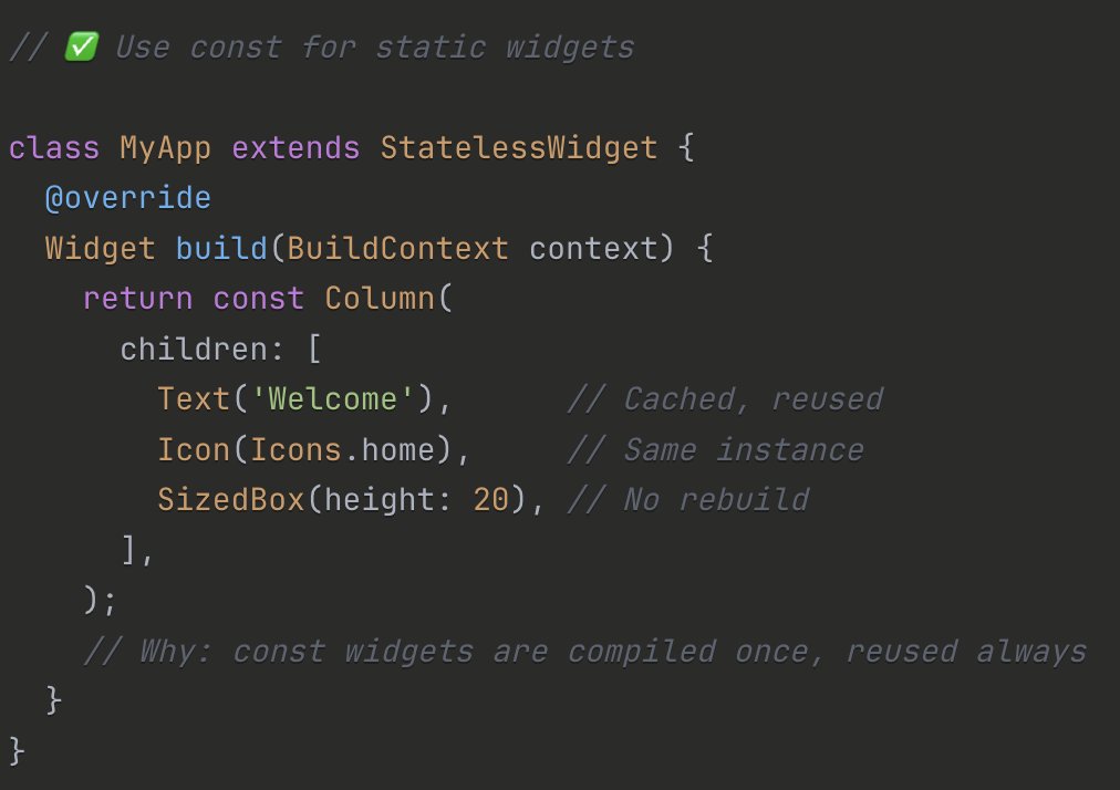 fosla98's tweet image. Flutter (🟡 Intermediate) - Performance: const Constructors

💡 Add const to every widget that doesn&apos;t depend on runtime values. Flutter DevTools can show you missed opportunities!

#Flutter #FlutterDev #Performance #FlutterTips #MobileDev #Optimization