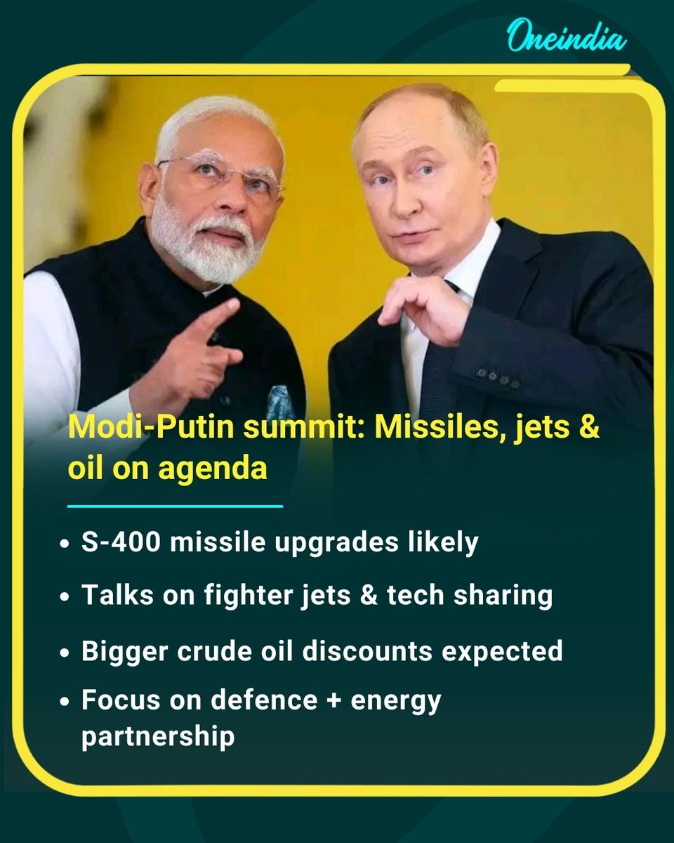 Oneindia's tweet image. S-400 upgrades, Su-57 stealth jets and Russian oil deals expected at the Modi-Putin talks — a test of India’s strategic balancing act.

#ModiPutinMeet #DefenceDeal #EnergyTies #IndiaRussia #InternationalNews #OI