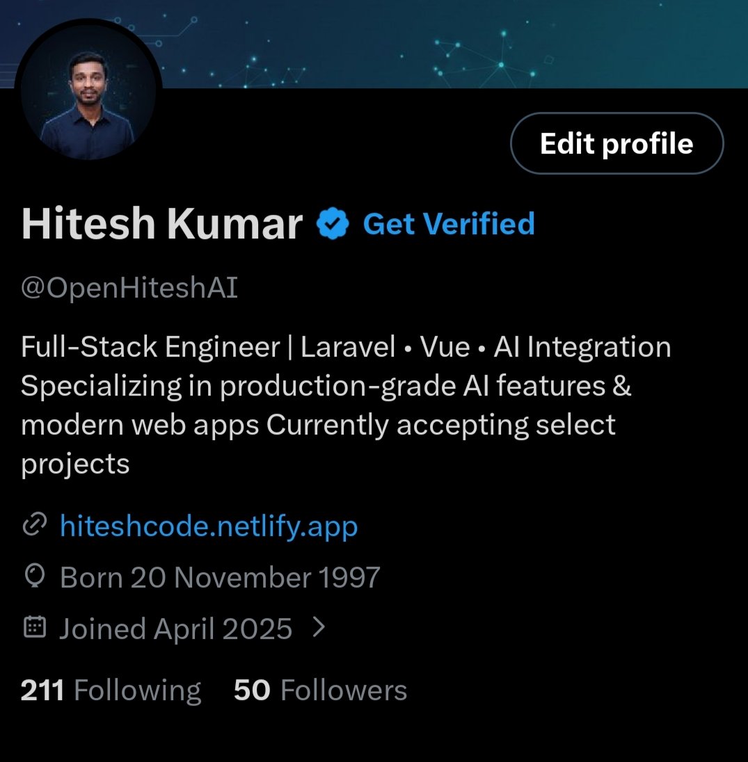OpenHiteshAI's tweet image. 50 followers down… infinity to go ,🎉
On a mission to surround myself with people who ship code, break models, and build cool shit with AI.
Drop a  or your latest project below  let’s follow each other and keep building!

#buildinpublic #AI #100DaysOfCode #letsconnect