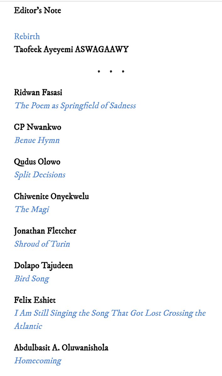 Solid poems out on OLUMO REVIEW <a href="/Olumoreview/">Olúmọ Review (subs closed!)</a>, the Issue 5.

Go read them here:
olumoreview.weebly.com/issue-5.html

CHEERS 🥂