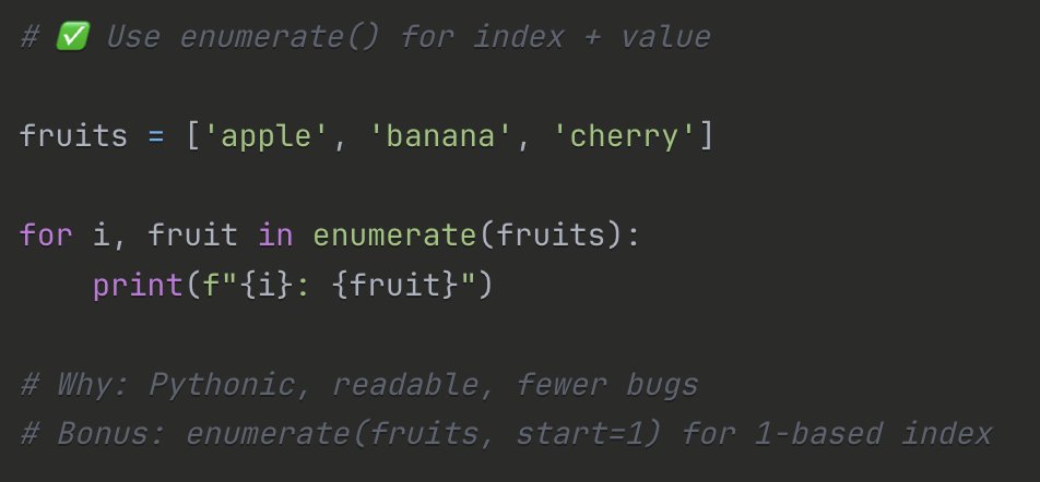 fosla98's tweet image. POST 1 - Python (🟢 Beginner) - Language Deep Dive: Enumerate

💡 enumerate() is Python&apos;s gift for loops. It&apos;s cleaner, faster, and eliminates off-by-one errors.

#Python #PythonTips #CleanCode #LearnPython #Pythonic #CodeTips