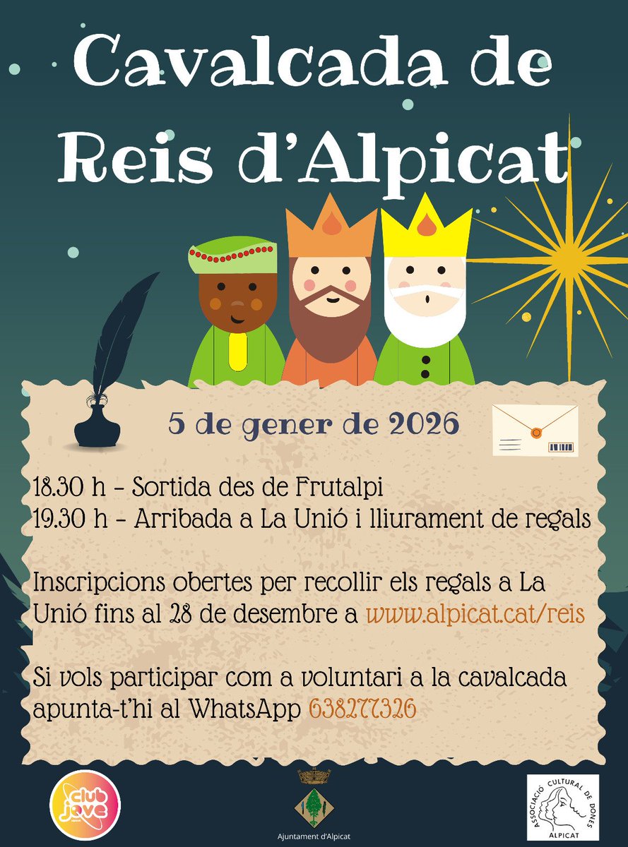 🔔 La Cavalcada de Reis tornarà a omplir d’il·lusió els carrers d’Alpicat el proper 5 de gener! 🤴🏿🤴🏼🤴🏻

🙌 Vols viure la cavalcada des de dins?
Si t’animes a fer de voluntari i formar part de la màgia del seguici, pots apuntar-te fins al 2 de gener al WhatsApp 638277326.