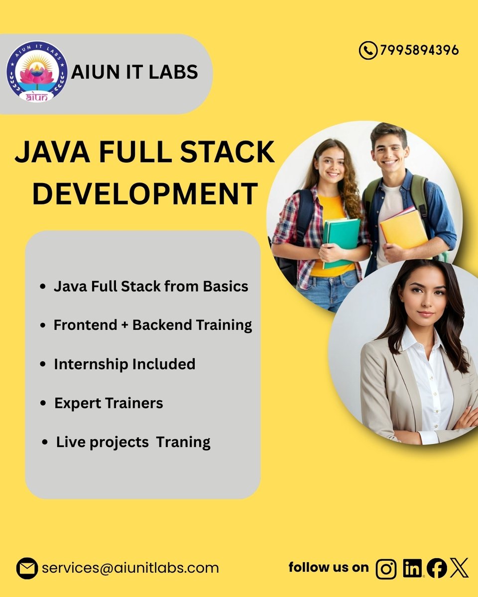 AiunitLabs's tweet image. Start your journey as a Java Full Stack Developer!
Training from basics → advanced, Internship included, and real-time project experience.
Upgrade your skills. Build your future.

#JavaFullStack #Coding #FullStackDeveloper #JavaTraining #ITTraining #TechCareers #AIUNTLabs