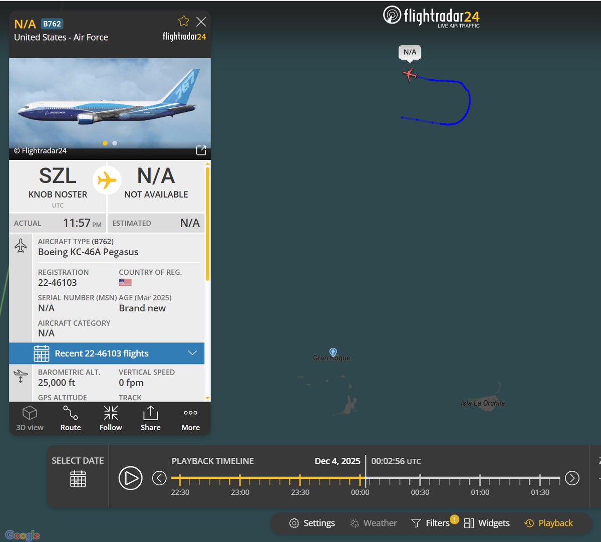 Flightwatcher1's tweet image. #USAF KC-46A Pegasus
Matricula: 22-46103
Hex: #ae63d3
Desde Whiteman AFB🇺🇸 hasta el frente de Los Roques🇻🇪, en la misma zona donde estuvieron orbitando los B-52H
foto de referencia
#SOUTHCOM