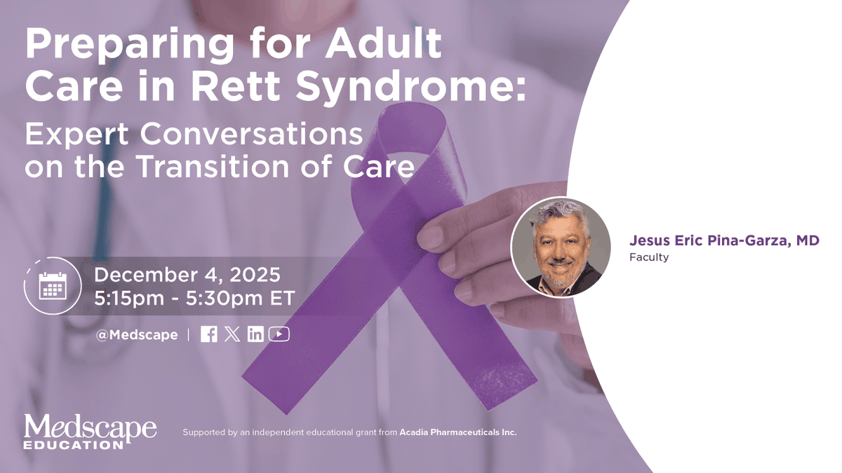 MedscapeNeuro's tweet image. Watch LIVE in 1 HOUR ➡️ youtube.com/watch?v=iQEwO7… 

Are you prepared to guide #RettSyndrome patients into the next phase of their lives? Join Dr. Pina-Garza for expert strategies on navigating the critical transition to adult care.

 #Neurology #CME #Pediatrics