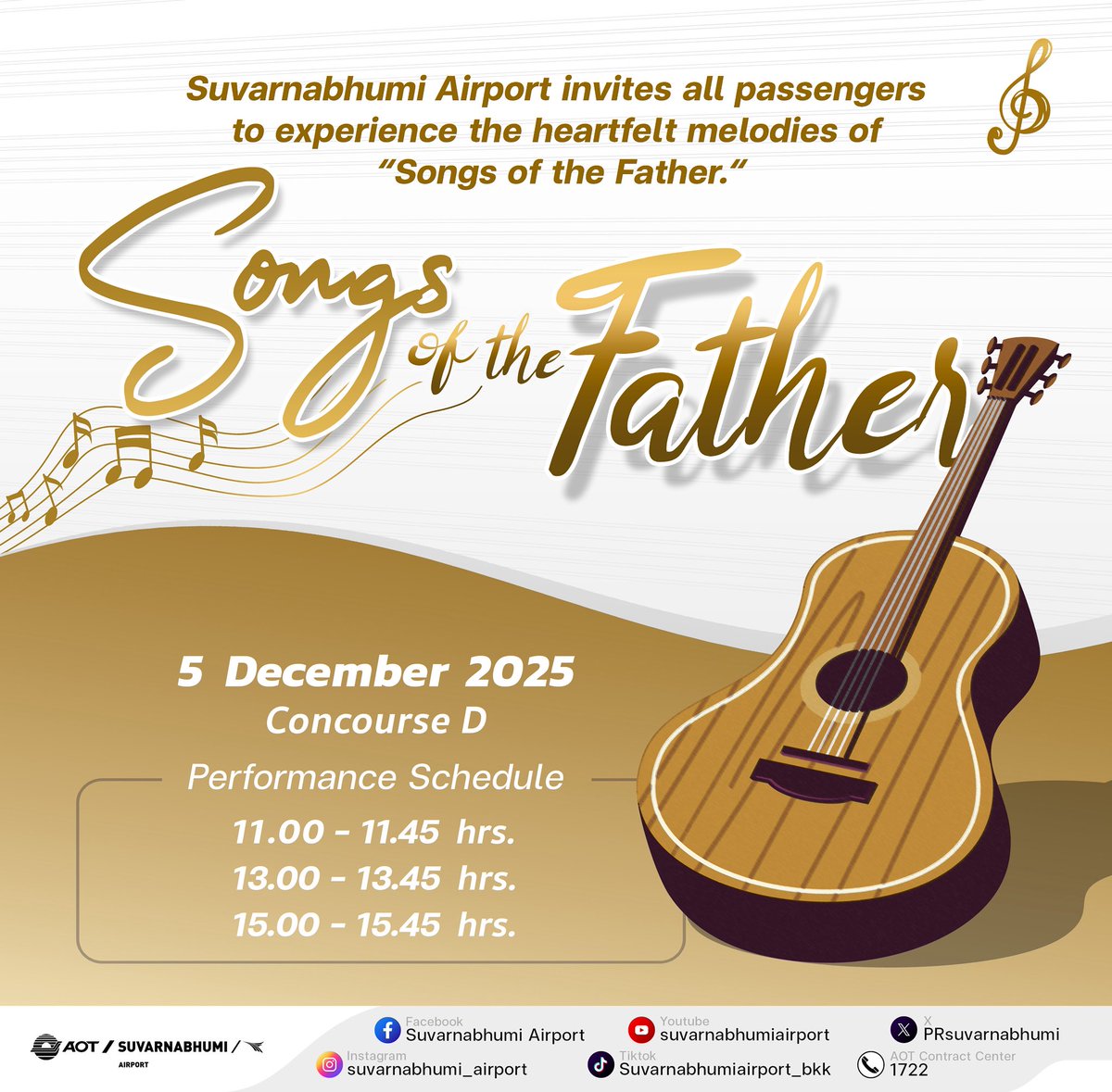 ✨🎶 ท่าอากาศยานสุวรรณภูมิขอเชิญชวนผู้โดยสารร่วมซาบซึ้งไปกับ “เพลงของพ่อ” 🎶✨
บทเพลงพระราชนิพนธ์บรรเลงผ่านไวโอลิน เชลโล่ ดับเบิลเบส และเปียโน ที่จะเติมเต็มช่วงเวลาแห่งความประทับใจระหว่างการเดินทาง

📅 วันที่ 5 ธันวาคม 2568
📍 บริเวณอาคารเทียบเครื่องบิน D

facebook.com/share/p/1Jd6v4…