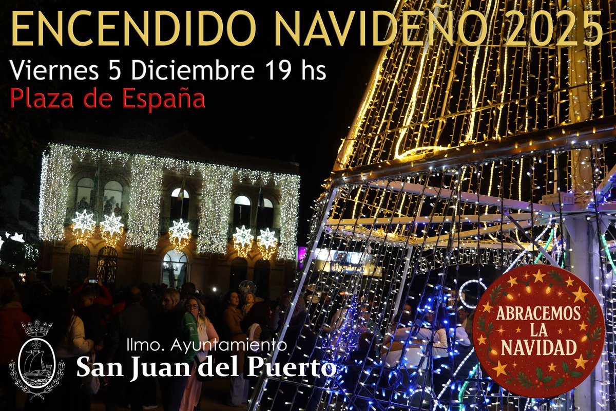 #ENCENDIDONAVIDEÑO 📣Niños y niñas de #SanJuandelPuerto, este tarde a las 19h00 en la Plaza de España daremos la bienvenida a la Navidad 2025.

🎄Encenderemos juntos la iluminación navideña, con la gran nevada artificial, el árbol de la Navidad y otras sorpresas. ¡Te esperamos!