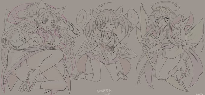 だ～いぶ前に描いた、東北イタコ・きりたん・ずん子の東北三姉妹! めっちゃ塗りも線もラフ途中だけど・・っ! 進捗線画