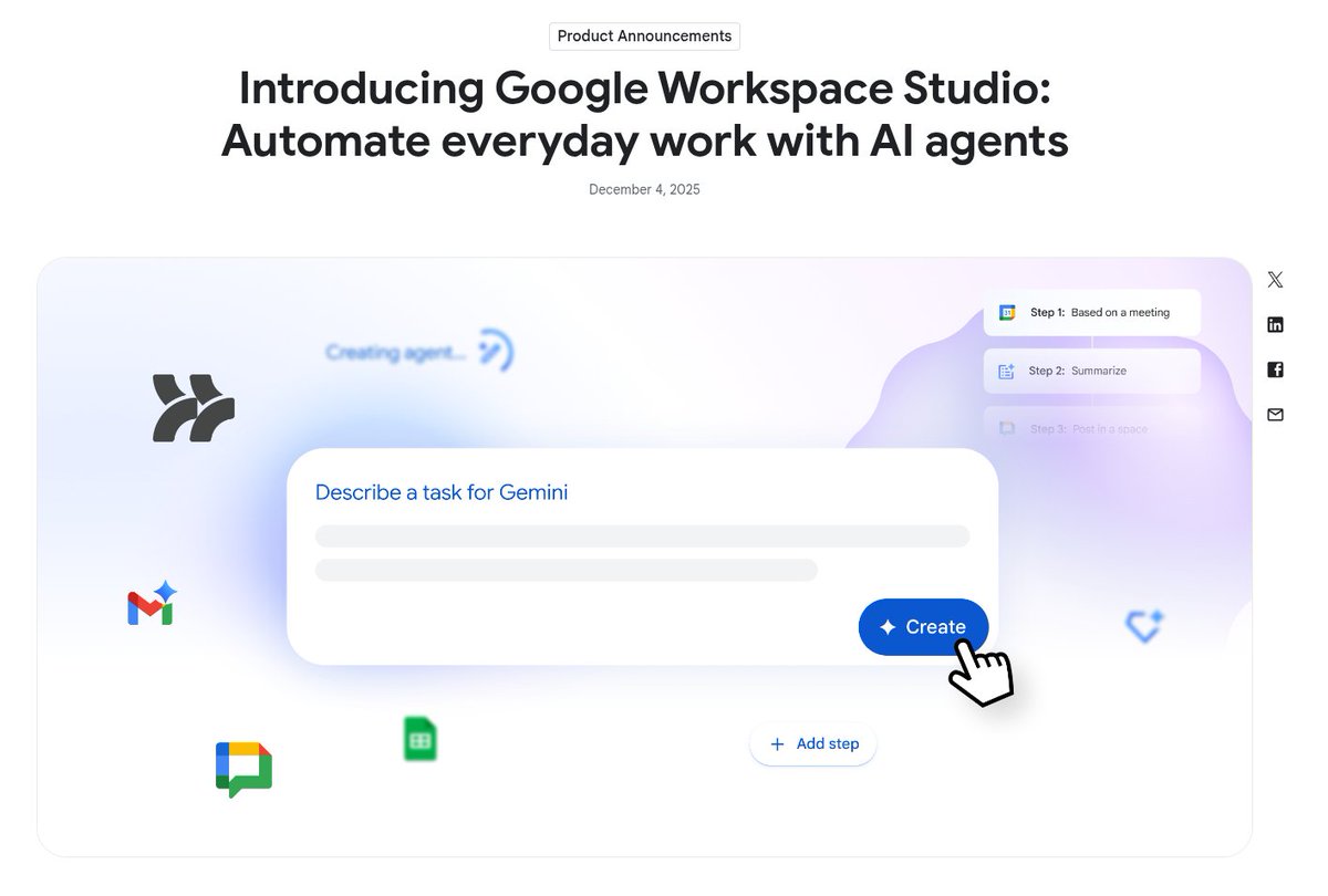 pfelipm's tweet image. Google #WorkspaceStudio ya disponible de manera generalizada para clientes de empresa: Crea flujos de automatización en Workspace de manera visual (y extiende esos flujos cuando lo necesites usando #AppsScript).

¡Y en nada también en dominios EDU! 🤩

workspace.google.com/blog/product-a…