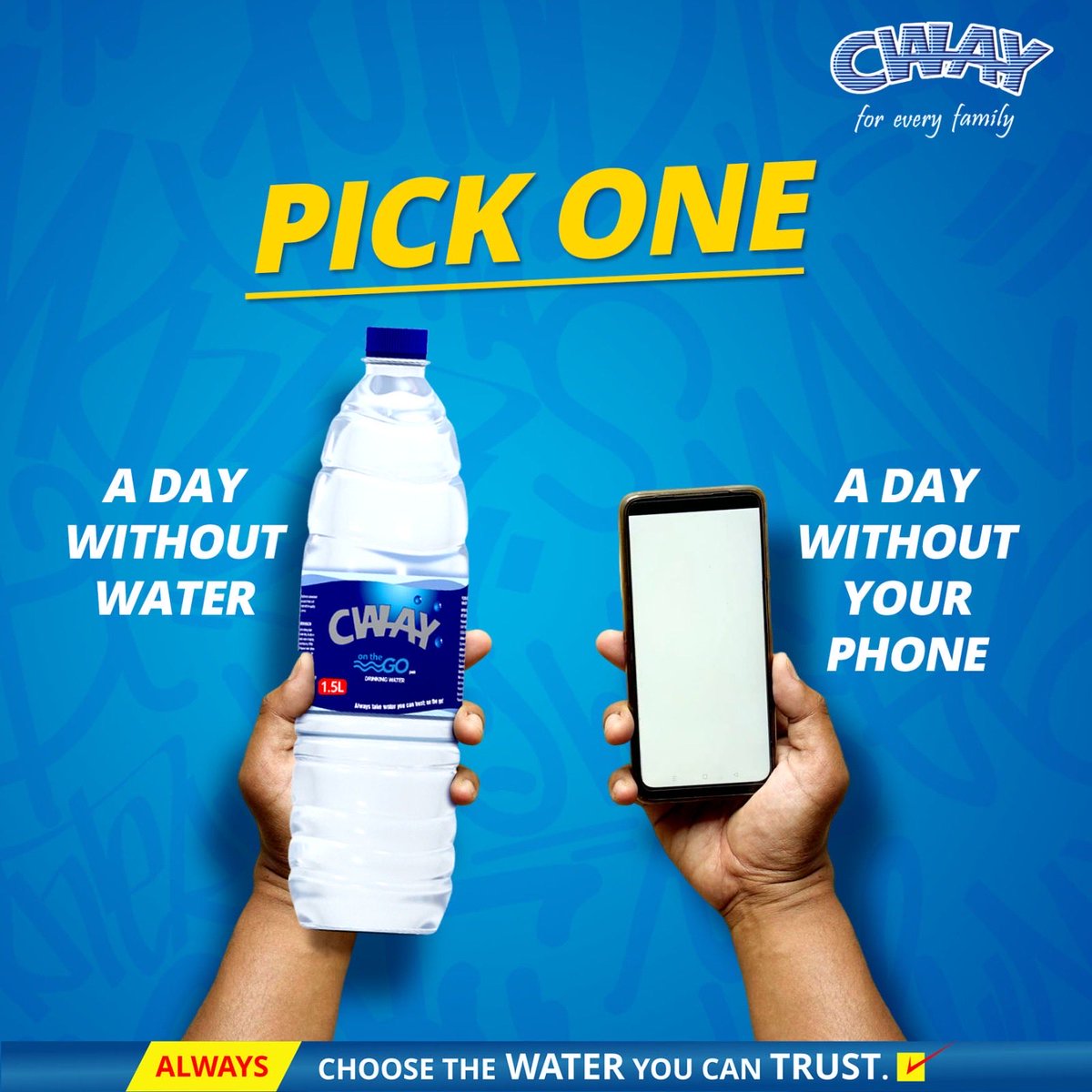 Pick one: a day without water 💧 or a day without your phone 📱? We know which one you will pretend to pick. But don’t play with hydration, drink CWAY OTG. 😌💙

#CWAYOTG #WaterYouCanTrust