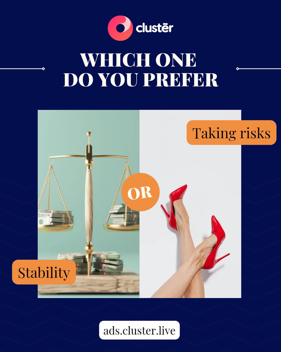 clusterliveapp's tweet photo. Some days we crave stability, other days we feel bold enough to take risks.
Both paths can lead to growth, it just depends onyour choice and mindset
Which one describes you?”
#Stability #TakingRisks #YourChoice #LifeDecisions #MindsetShift #Growth  #ClusterLive #thursday https://t.co/yg1Wn9laer