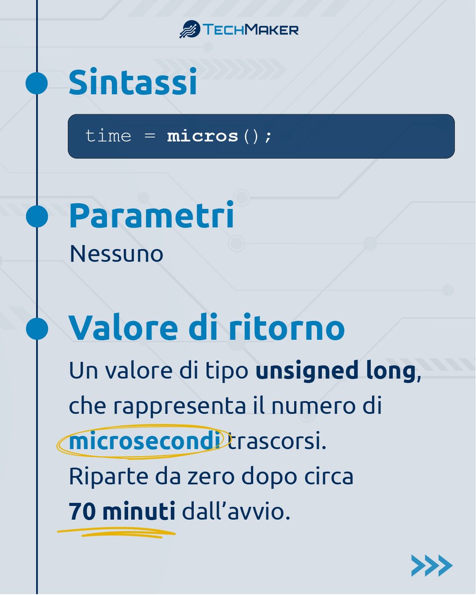 TechMakerIT's tweet image. A cosa serve la funzione micros()?

🎯 La funzione #micros misura il tempo trascorso da quando la scheda #Arduino ha iniziato ad eseguire il programma.

#TechMaker - Libera la tua voglia di costruire

#elettronica #function #diy #micros