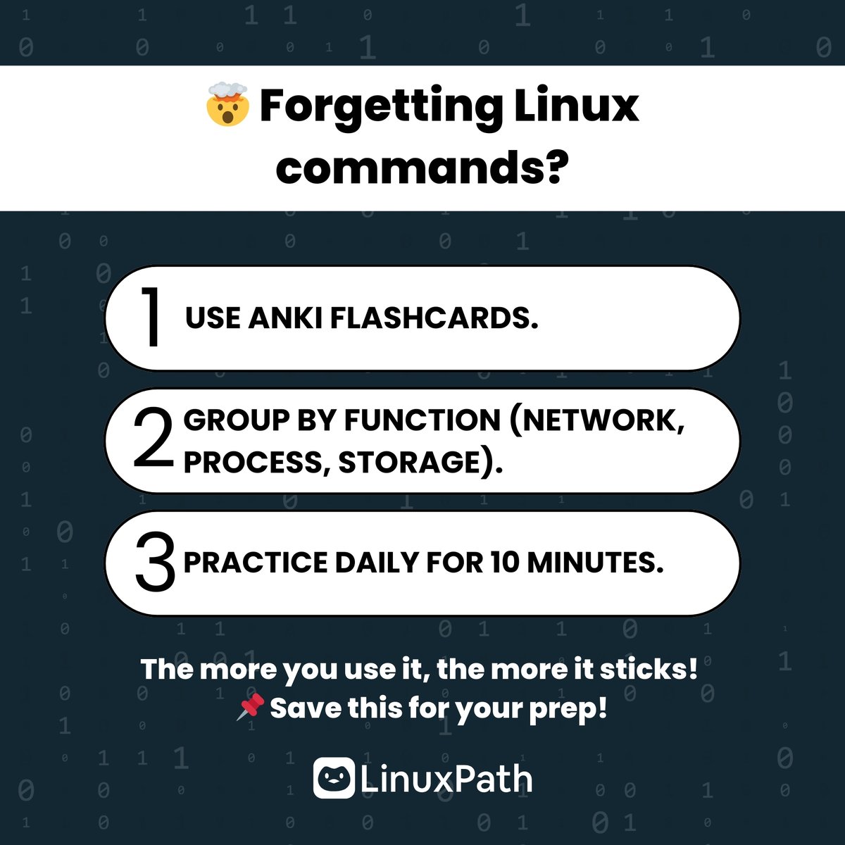 LinuxPath's tweet image. 🌎 Official website: linuxpath.org

🤯 Struggling to remember Linux commands?
Try this formula:
✅ Use flashcards (Anki or Notion).
✅ Group commands by purpose 
✅ 10 minutes of daily practice beats 3 hours of cramming.

#LPIC1 #LinuxCommands #LinuxStudy #SysAdminLife