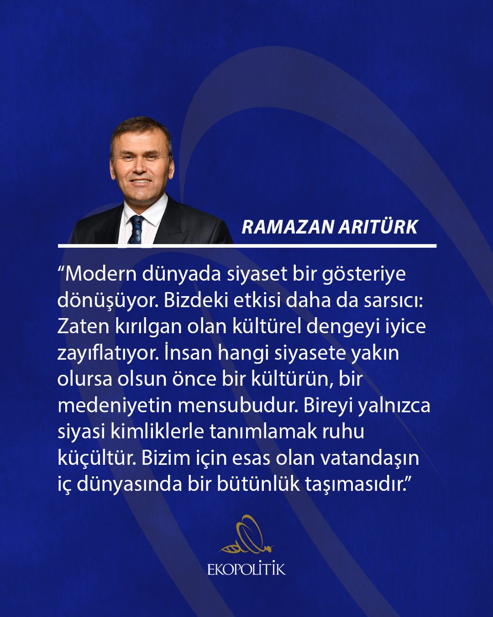 🖇️"Bizim hayalimizdeki siyaset, bir milletin ruhunu taşıyan, kültürünü önemseyen, estetikten beslenen ve zamanın ritmine uygun bir siyasettir. Siyaset, iktidar mücadelesi için değil, bir medeniyet inşası için yapılmalıdır. Bu medeniyet ancak adaletin ruhunu özümsemiş, devamlılık,