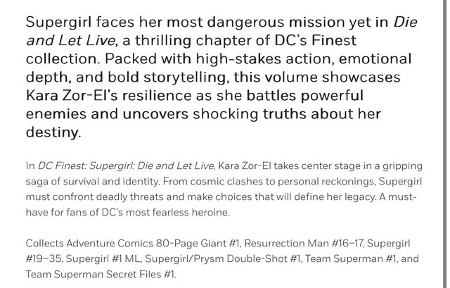 Also DC Finest: Supergirl: Die and Let Live
The second vol of Peter David run

•Paperback
•$39.99
•Release on May 26, 2026
•576 Pages