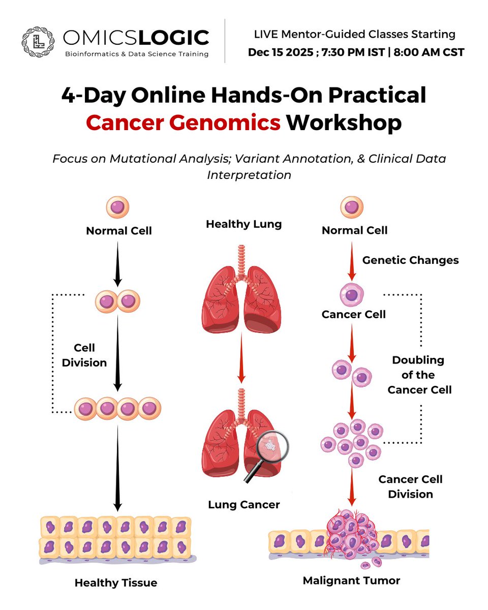 OmicsLogic's tweet image. Understanding Genetic mutations is key to advancing precision oncology. 🔬

📢 Join our 4-Day Cancer Genomics Workshop to learn mutational analysis, variant annotation &amp;amp; clinical data interpretation using real datasets.

🔗 forms.gle/PTtZjdRy19TQuN…
#CancerGenomics #Bioinformatics
