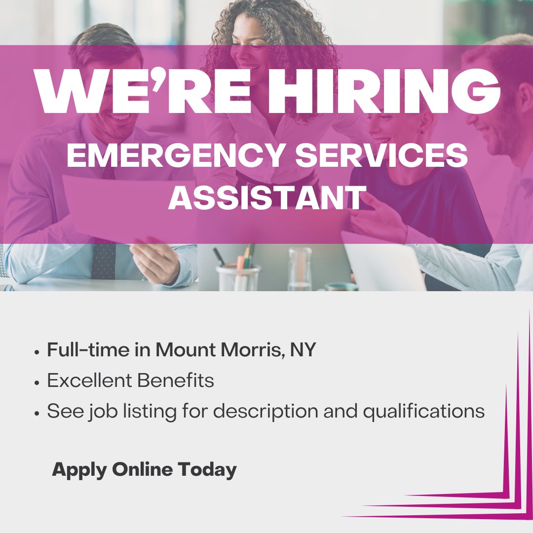 🌟 We’re Hiring! 🌟

Looking for a meaningful career where you can make a difference? We have an immediate opening for an Emergency Services Assistant in our Mount Morris location. Apply today: recruiting.paylocity.com/Recruiting/Job…

#NowHiring #JobOpportunities #LivingstonCounty