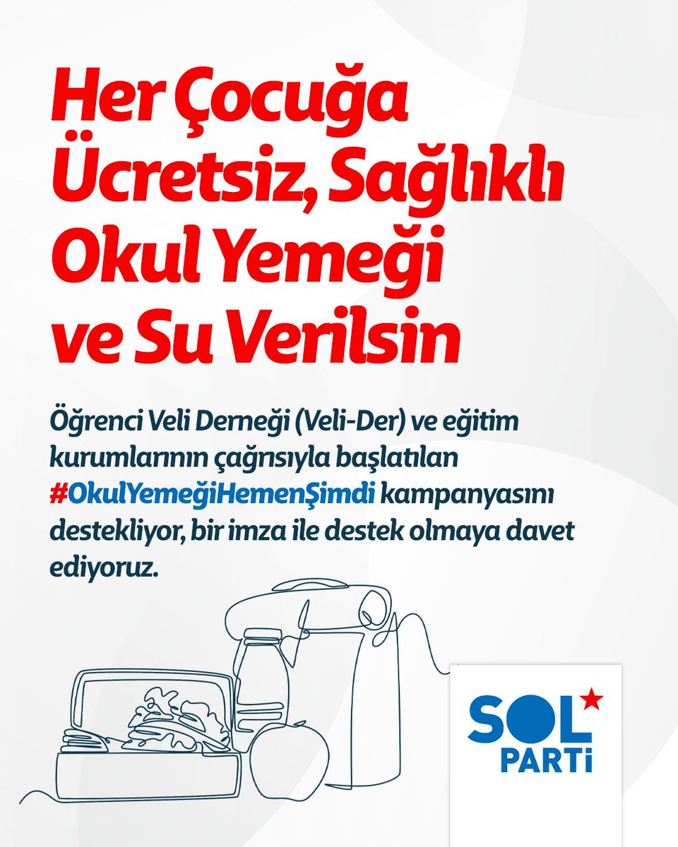 Her Çocuğa Ücretsiz, Sağlıklı Okul Yemeği ve Su Verilsin!

Öğrenci Veli Derneği (Veli-Der) çağrısıya başlatılan #OkulYemeğiHemenŞimdi kampanyasını destekliyoruz. 

Bir öğün yemek haktır, bir imza ile destek olmaya davet ediyoruz. 

🔗 solparti.org/imza-kampanyas…