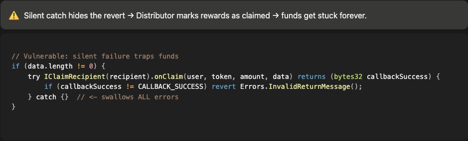 1/8  
A silent try/catch caused *permanent fund loss*… and the transaction still succeeded.

Here’s how one tiny catch block trapped user rewards forever 👇  
#Web3Security #Solidity