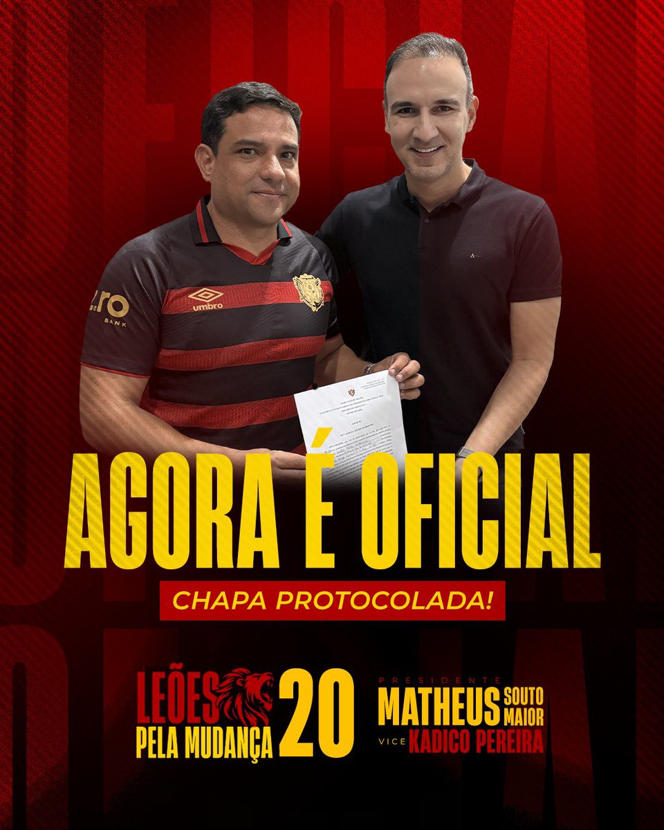 É OFICIAL! A chapa 20, Leões Pela Mudança, está inscrita para o pleito eleitoral do próximo dia 15. Matheus Souto Maior para presidente e Kadico Pereira como vice, em busca do resgate do Sport Club do Recife! 

#Chapa20 #OndaDaMudançaMaior ❤️🖤