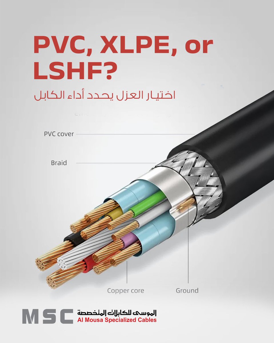 almousamsc's tweet image. PVC offers flexibility, XLPE handles heat, and LSHF limits smoke. We help select the right insulation for every application.
يوفّر PVC مرونة، وXLPE تحمّل حرارة، وLSHF دخانًا أقل. نساعدك على اختيار العزل المناسب.
#CableInsulation #PVC #XLPE #LSHF #MSC
