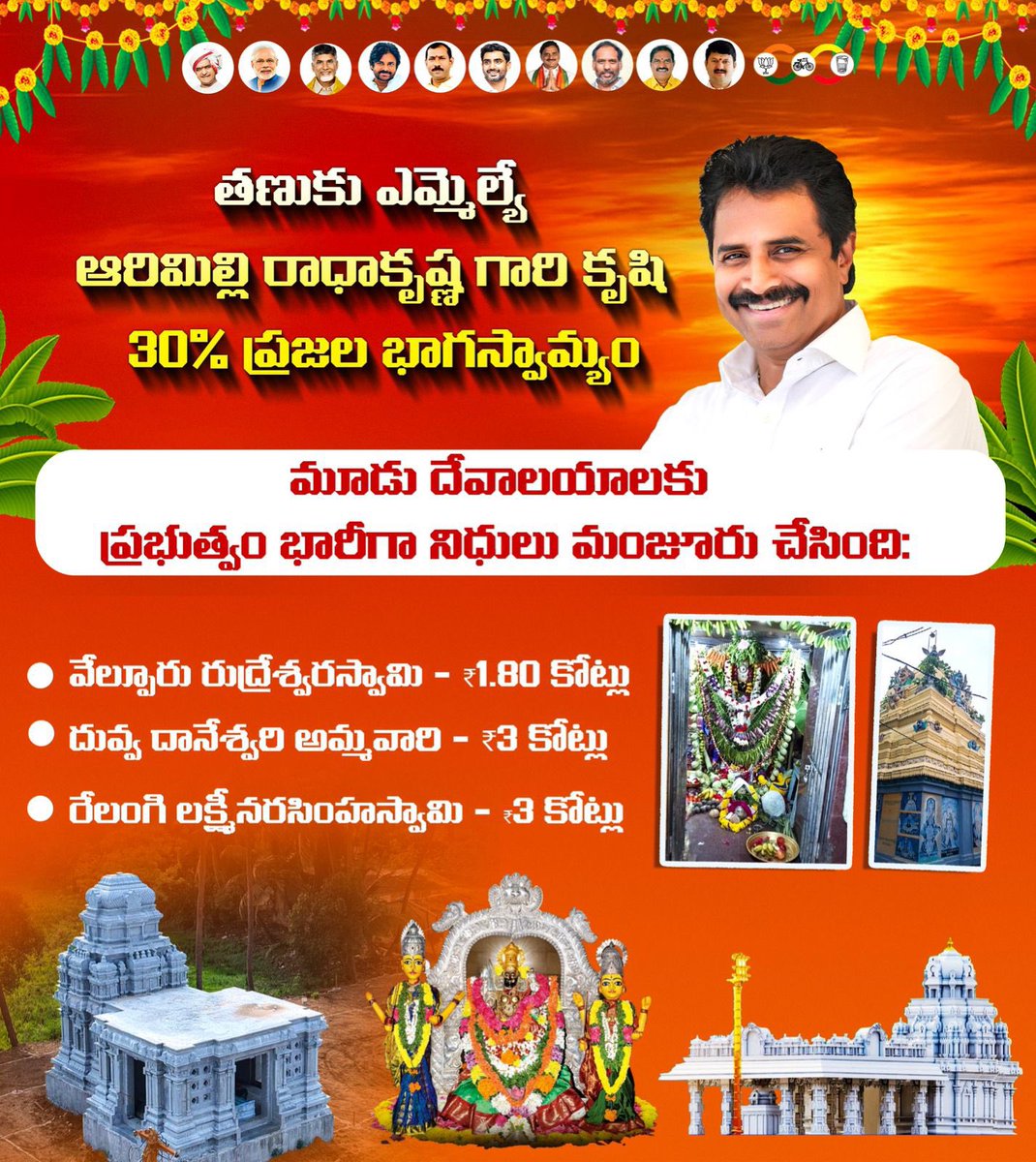 RKarimilli's tweet image. #AdminPost

తణుకు ఎమ్మెల్యే ఆరిమిల్లి రాధాకృష్ణ గారి కృషి + 30% ప్రజల భాగస్వామ్యం

మూడు దేవాలయాలకు ప్రభుత్వం భారీగా నిధులు మంజూరు చేసింది:

వెల్పూరు రుద్రేశ్వరస్వామి – ₹1.80 కోట్లు

దువ్వ దానేశ్వరి అమ్మవారి – ₹3 కోట్లు

రేలంగి లక్ష్మీనరసింహస్వామి – ₹3 కోట్లు…