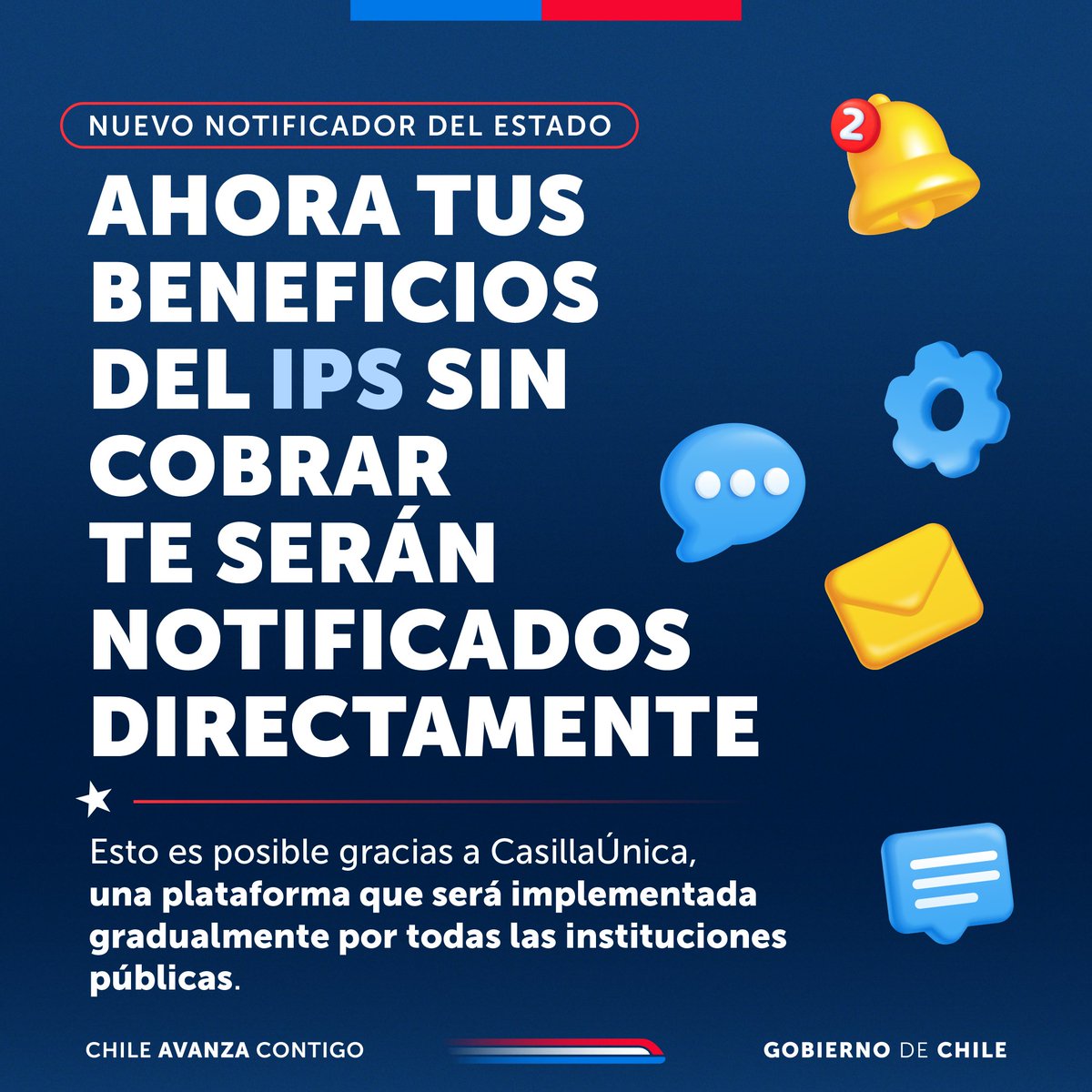 🙌 Estamos mejorando el acceso para los chilenos y chilenas a su información importante: el Instituto de Previsión Social (IPS) integró el Notificador del
Estado a su trámite "Beneficios por cobrar".

Conoce más y  accede a estas notificaciones en casillaunica.gob.cl 📲
